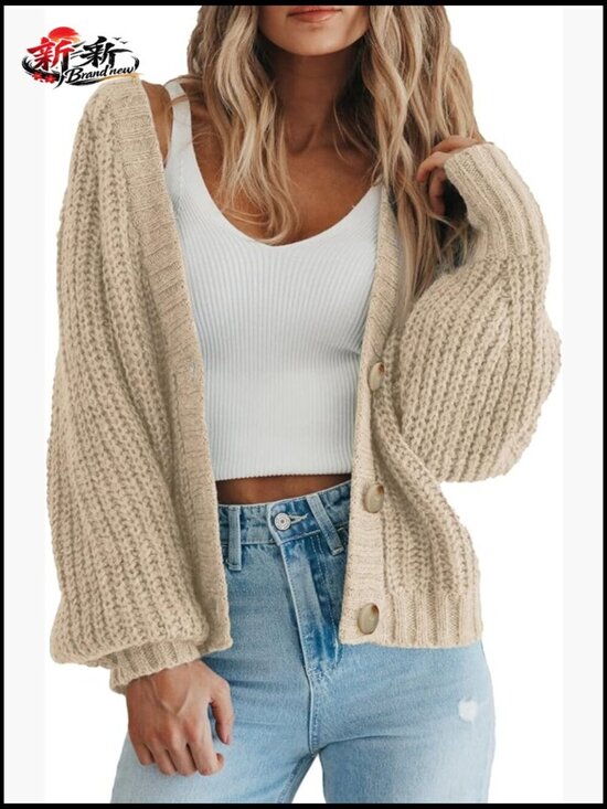 Sweaters - Chunky Knit Open Front Cardigan Sweater Long Sleeve Button Loose Short Coat